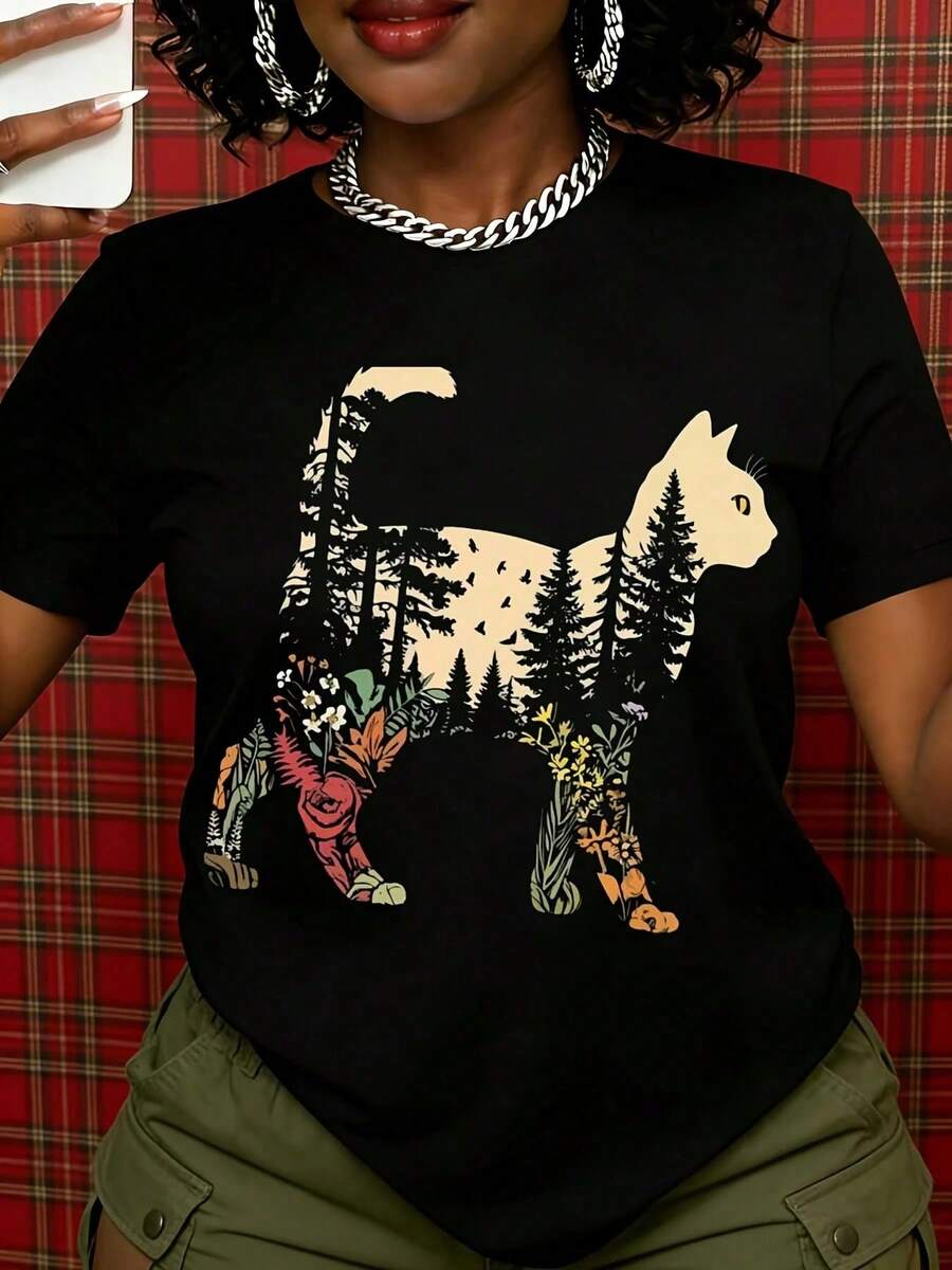 Camiseta Blanca con Diseño Gráfico de Tigre Colorido para Mujer, Prenda Casual de Moda, Opción de Atuendo de Verano, Top con Estampado Animal, Estilo Streetwear - Negro - Ver 1