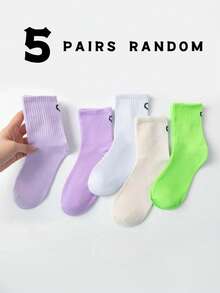 1 Pair/5 Pairs Random Color, Spring/Summer Heart Series, Random Candy Color Heart Pattern Japanese Cute Sweet Style, Daily Simple Sweet Cute Versatile, Girls Campus Casual Commute Home Wear, Soft Skin-Friendly Comfortable Breathable Sweat-Absorbing, Women's Mid-Calf Socks - Multicolor - View 6