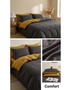 New Solid Color Colorblock Nordic Style Minimalist Polyester Fiber Duvet Cover 3 Pieces Set - Dark Grey - View 8