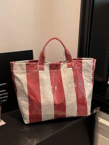 Tas Tote Transparan PVC Kapasitas Besar Bergaris Warna-warni, Tas Besar Modis untuk Liburan Pantai Wanita - Merah - View 10