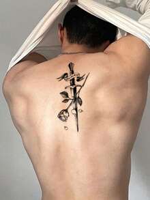 1pc Black Stippling Sword With Rose And Ribbon Temporary Tattoo, Men's Temporary Tattoo Patch, Simulated Tattoo Design, Suitable For Travel, Music Festival, Games, Graduation Gifts, Lasts For 3-5 Days - Black - View 5