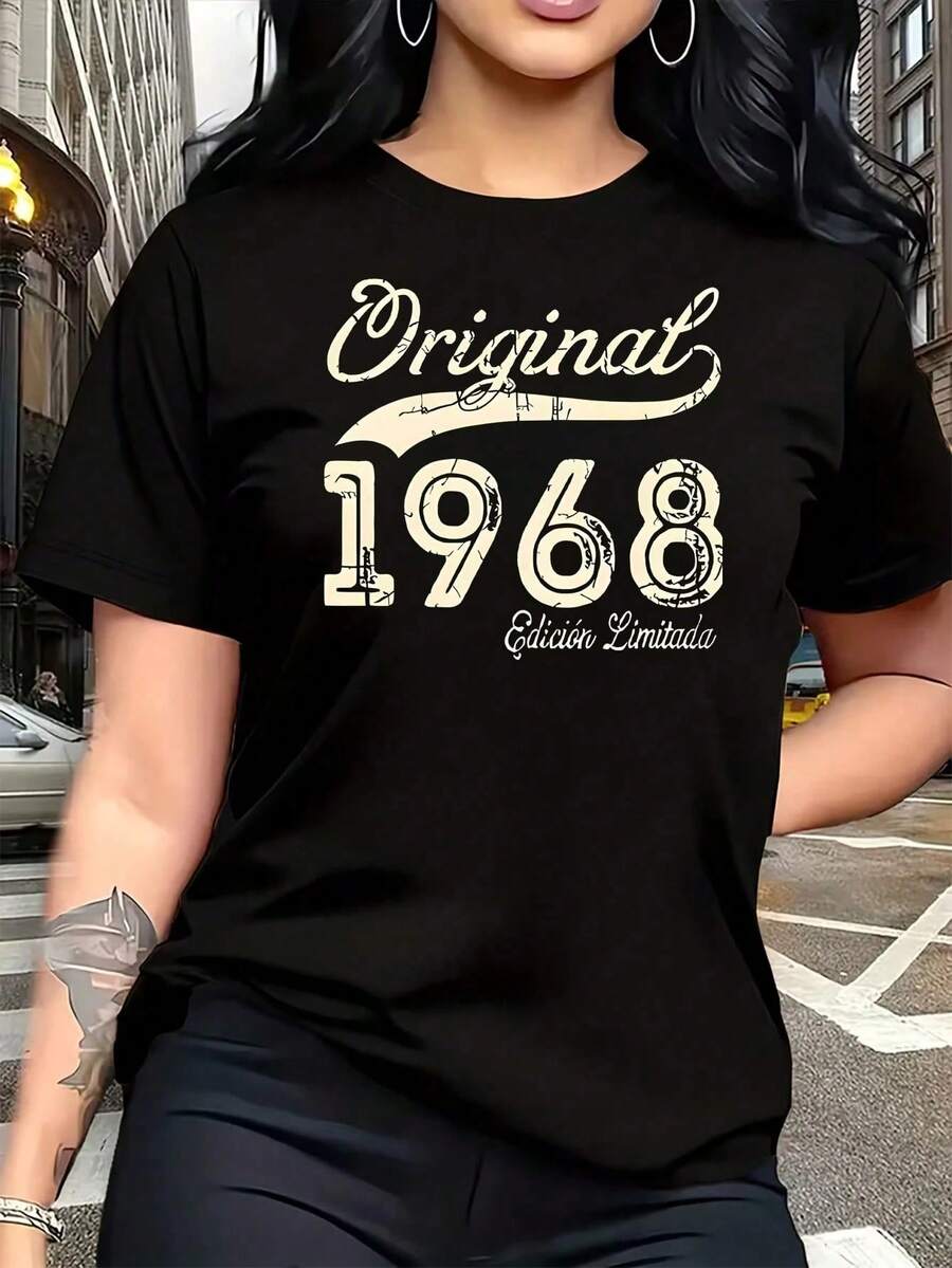 "ORIGINAL 1968" Design In Bold - 893229123353258112 Women's Plus Size T-Shirt, 1 Piece, Funny, Graphic Print, Short Sleeve, Novelty, 100% Cotton, Casual, Crew Neck - 黑色 - 查看 1