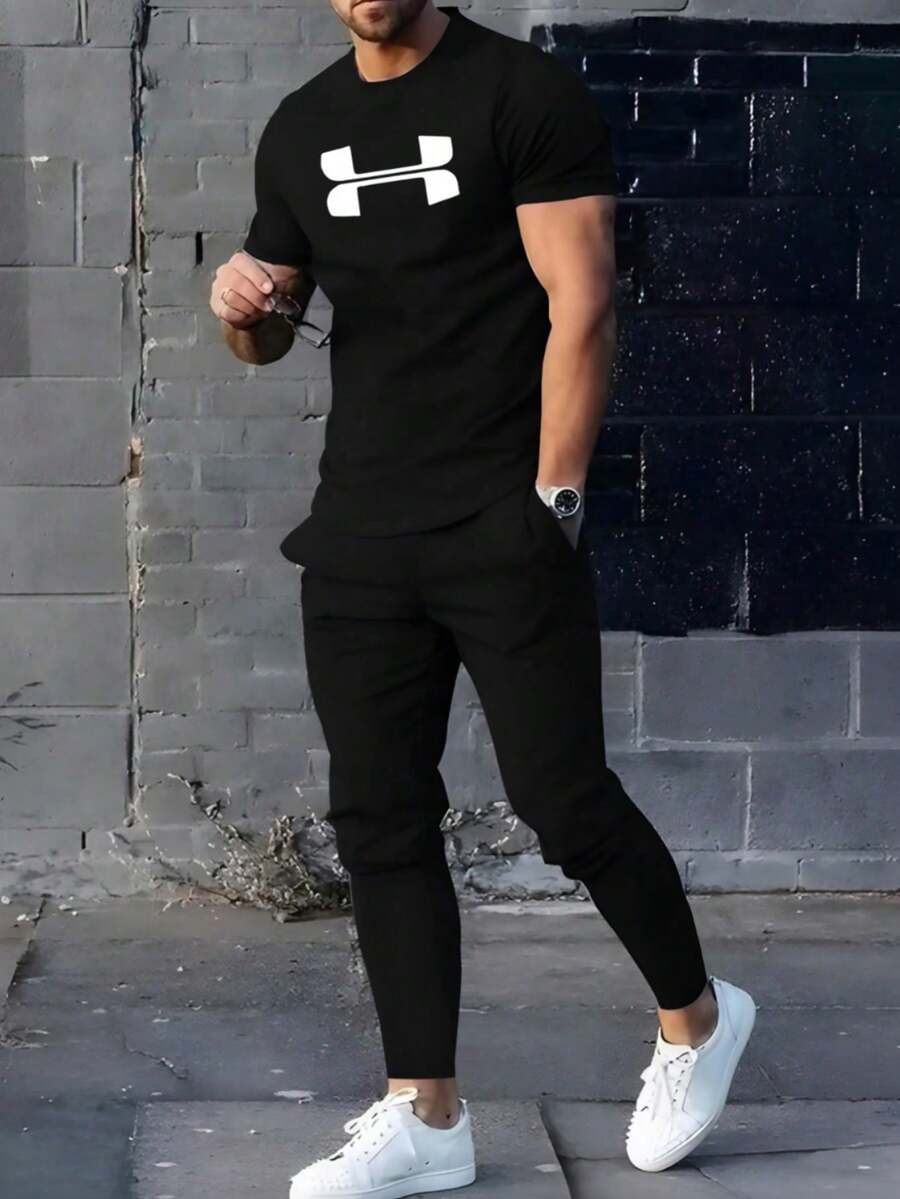 Conjunto de Camisetas Casuales para Hombre: Estilo urbano versátil, cómodo para el uso diario. (Los pantalones son solo para fines de estilo. )La tela es suave y transpirable.Adecuado para - Negro - Ver 1