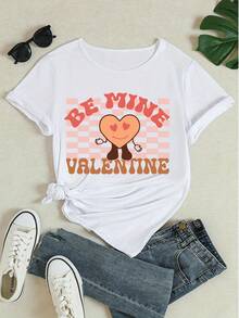 Women's Pure Cotton Short-Sleeved T-Shirt Valentine's Day Graphic Print Be Mine Heart Casual Cute Top - White - View 4