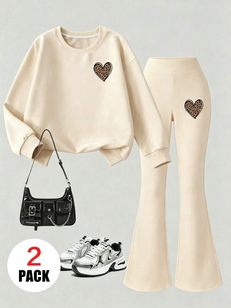 Teen Girls Clothing, Black Crew Neck Sweatshirt And Black Flare Pants Set, Leopard Print, Suitable For Autumn/Winter Wear - Apricot - View 1
