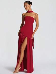 Women's Elegant Fashion Party Dress, Fitted Plain, Open Back, Floating Ribbon, European Style, New - Red - View 4