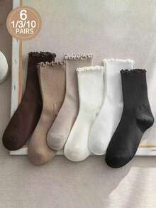 1/3/6/10 Pairs Japanese Sweet Minimalist British Academy Style Ins Mushroom Edge Mid-Calf Socks - Multicolor - View 7