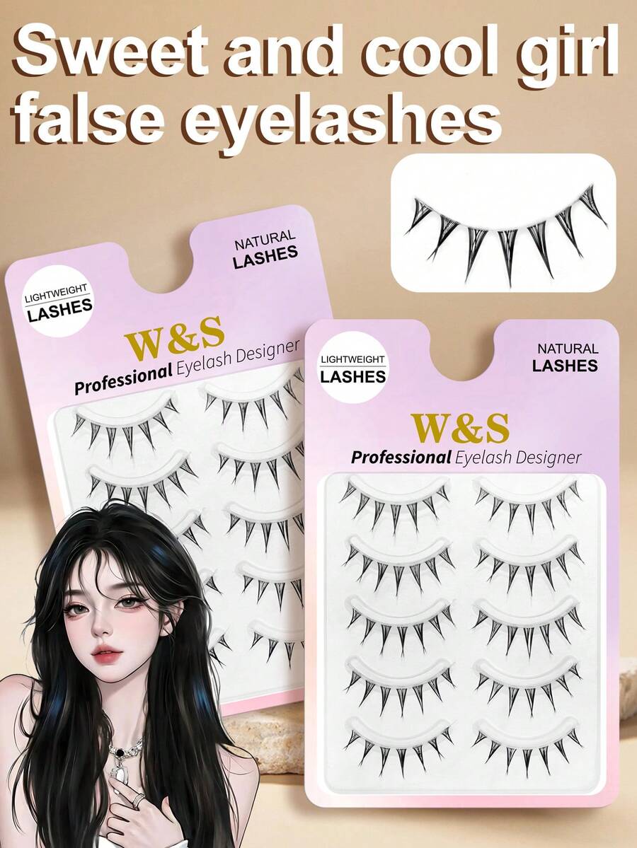Waloshow 1 Box/2 Boxes 5 Pairs Japanese And Korean Comic Eye Sharp Tail Invisible Stem Comfortable False Eyelashes Simulation Eyelashes Lightweight Curled One-Piece Full Strip Party Daily False Eyelashes - Black - View 1