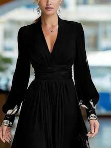 Elegant Long Dress With A Combination Of French-Style Printed Tulle - Black - View 2