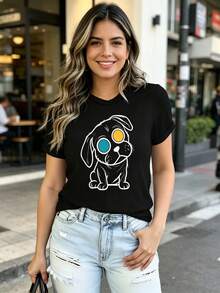 Modern T-Shirt With Eye-Catching Cartoon Animal Designs: A Uniquely Designed And Comfortable Women's Youth Garment, Available In Various Styles Including Rabbit, Dog, Hedgehog, Cat And Bear. - Hitam 3 - View 3