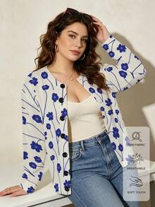 ASHKATIA Plant And Flower Prints Women's Plus-Size Vintage Cardigan Sweater, Fall Winter Knit For Social Occasions - Multicolor - View 6