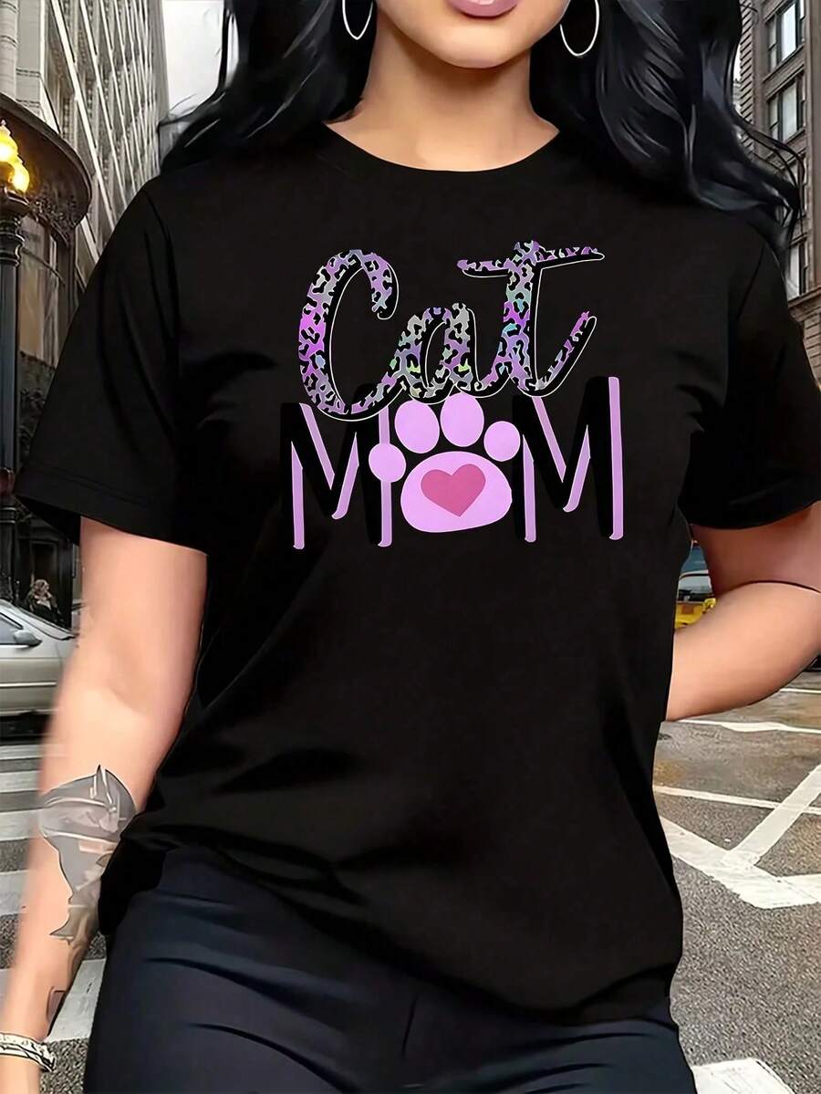 Camiseta de Mujer Talla Grande "Cat Mom", 1 Pieza, Divertida, con Estampado Gráfico, Manga Corta, 100% Algodón, Cuello Redondo, Estilo Casual, 220g - Negro - Ver 1