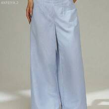 Soqi Women's Clothing PETITE Pantalones rectos de talle alto de rayas azules y blancas, elegantes, casuales, sencillos, para ir a la oficina, uso diario y vacaciones - Azul - Ver 4