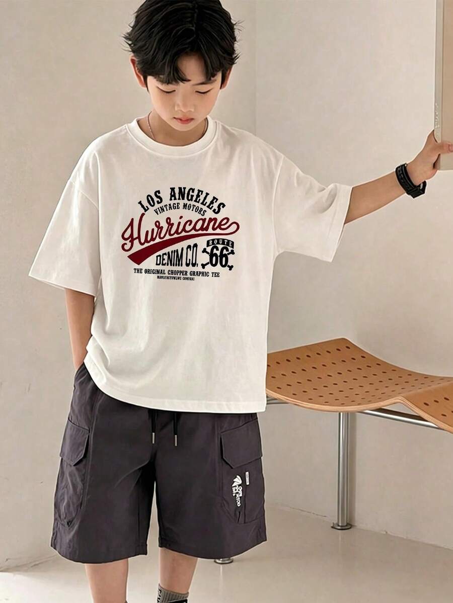 1 Piece Teen Boy Casual Print Short Sleeve T-Shirt, Spring/Autumn, Youth Student Clothing, Stylish And Breathable Textile Jacket, For Teenagers Men - White - View 1