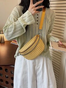 2026新款純色Ins風時尚斜跨腰包 休閒鍊條韓系街頭風胸包 - 黃色 - 查看 5