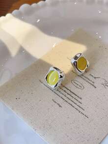 Oval Cat's Eye Silver Trim Stud Earrings Multi-Color Optional Soft Square Edge Polished Alloy Daily Commute Dating Jewelry - Rounded Square - View 10
