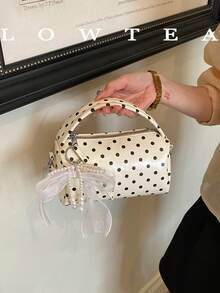 Low Tea 1pc Contrast Color PU Fabric Handbag Women's Vintage Fashion Bowling Tote Bag Top Double Handle Design Zipper Closure Shoulder Strap For One Shoulder Or Crossbody Use Suitable For Commuting, Outdoor, Travel, Outing (With Pendant) - White - View 2