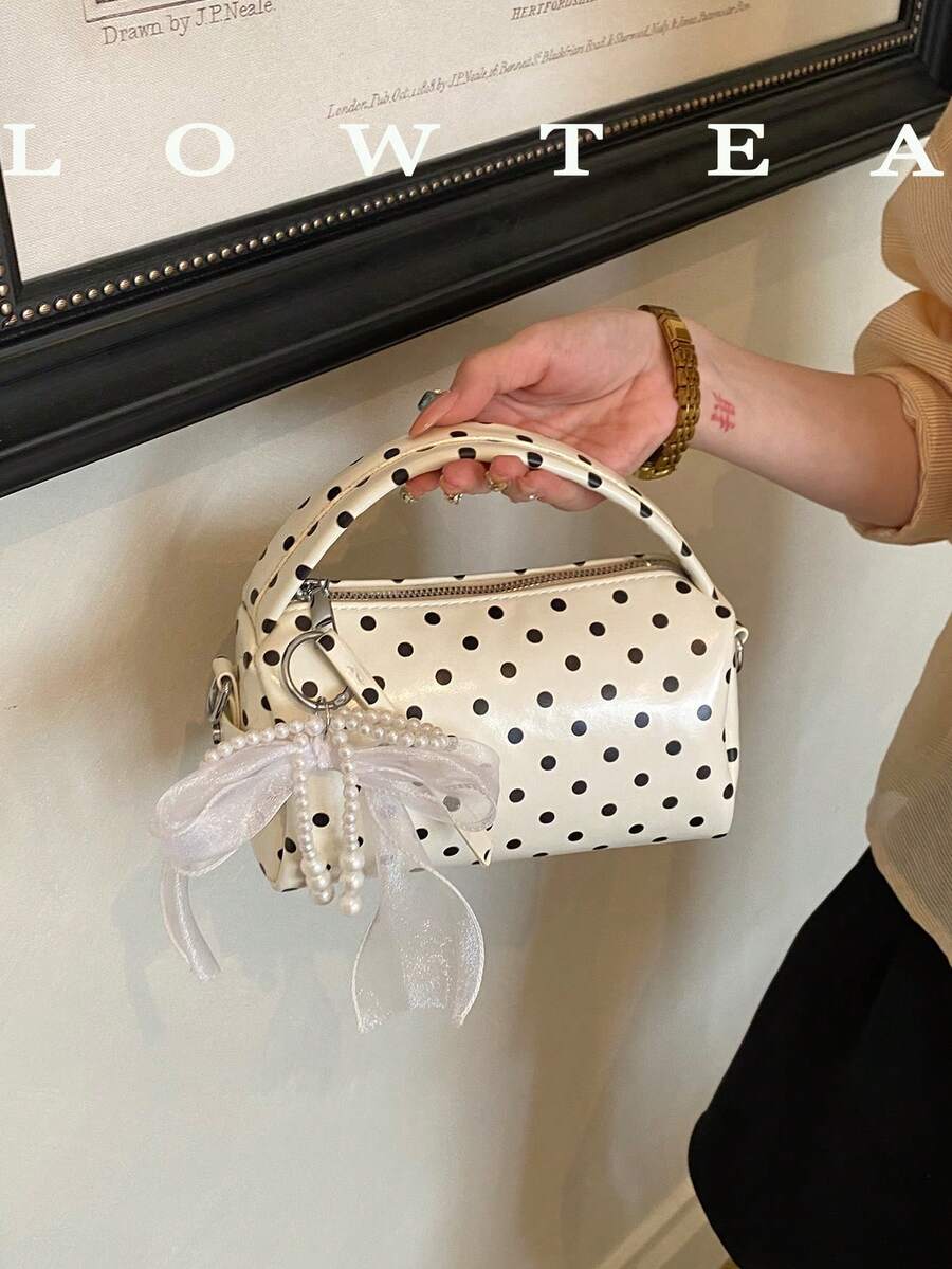 Low Tea 1pc Contrast Color PU Fabric Handbag Women's Vintage Fashion Bowling Tote Bag Top Double Handle Design Zipper Closure Shoulder Strap For One Shoulder Or Crossbody Use Suitable For Commuting, Outdoor, Travel, Outing (With Pendant)