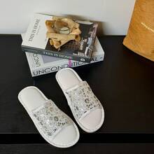 Sandalias tipo slide casuales para el hogar con diseño de malla y lentejuelas, transpirables y cómodas - Blanco - Ver 9