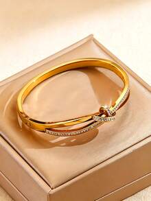 1pc Fashionable Elegant Rhinestone Stainless Steel Cross Bow Open Cuff Bracelet For Women Daily Wear, Rhinestone Position Randomly Shipped - Yellow Gold - View 2
