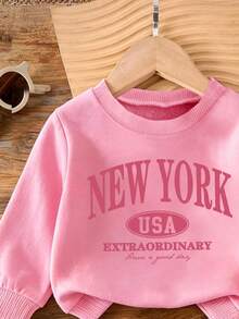 Baby Girl Cartoon Letter Print Crew Neck Long Sleeve Warm Sweatshirt And Denim Pants - Pink - View 3