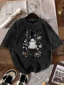 Women's Vintage Washed T-Shirt - Oversized Casual Crew Neck Short Sleeve Cherry Blossom Inspired Style, Distressed Texture - Cute Kawaii Gothic Design - 黑色 - 查看 2