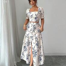 jianchaimaoyi02  Conjunto de 2 piezas con blusa de manga corta con diseño de puño y estampado floral + falda con abertura en el bajo, elegante para vacaciones y uso diario - Marrón - Ver 7