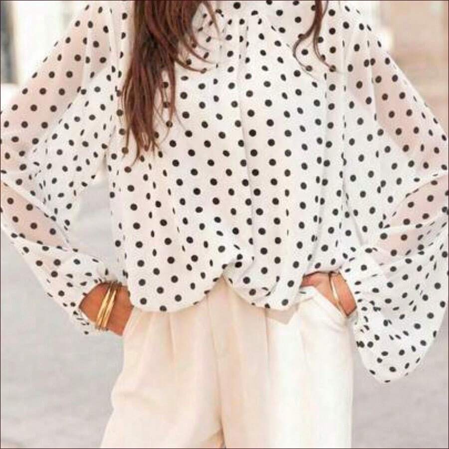 DZD Nueva camisa elegante y de moda para mujer con estampado de lunares, camisa casual/de vacaciones con estampado de bloques de color en todo el Body, camisa de manga larga con estampado - Blanco - Ver 1
