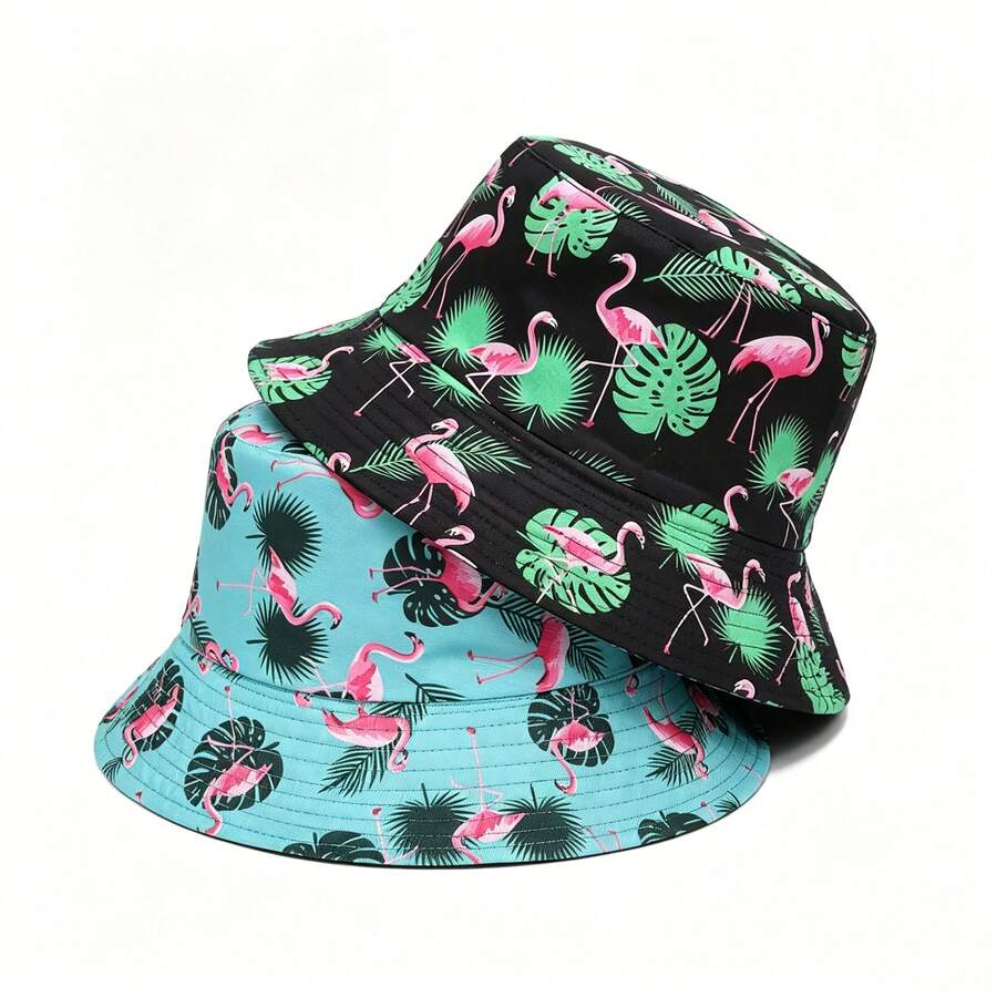 1pc Spring/Summer Bucket Hat, Multi-Functional Cone Tree & Flamingo Print Bucket Hat, Outdoor Bucket Hat, Personalized Graffiti Unisex Bucket Hat - Flamingo - View 1