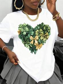 Camiseta Negra con Diseño de Corazón con Lazo Verde y Dorado para Mujer, Top Casual de Moda, Regalo para el Día de San Valentín, Prenda Artística - Blanco - Ver 1