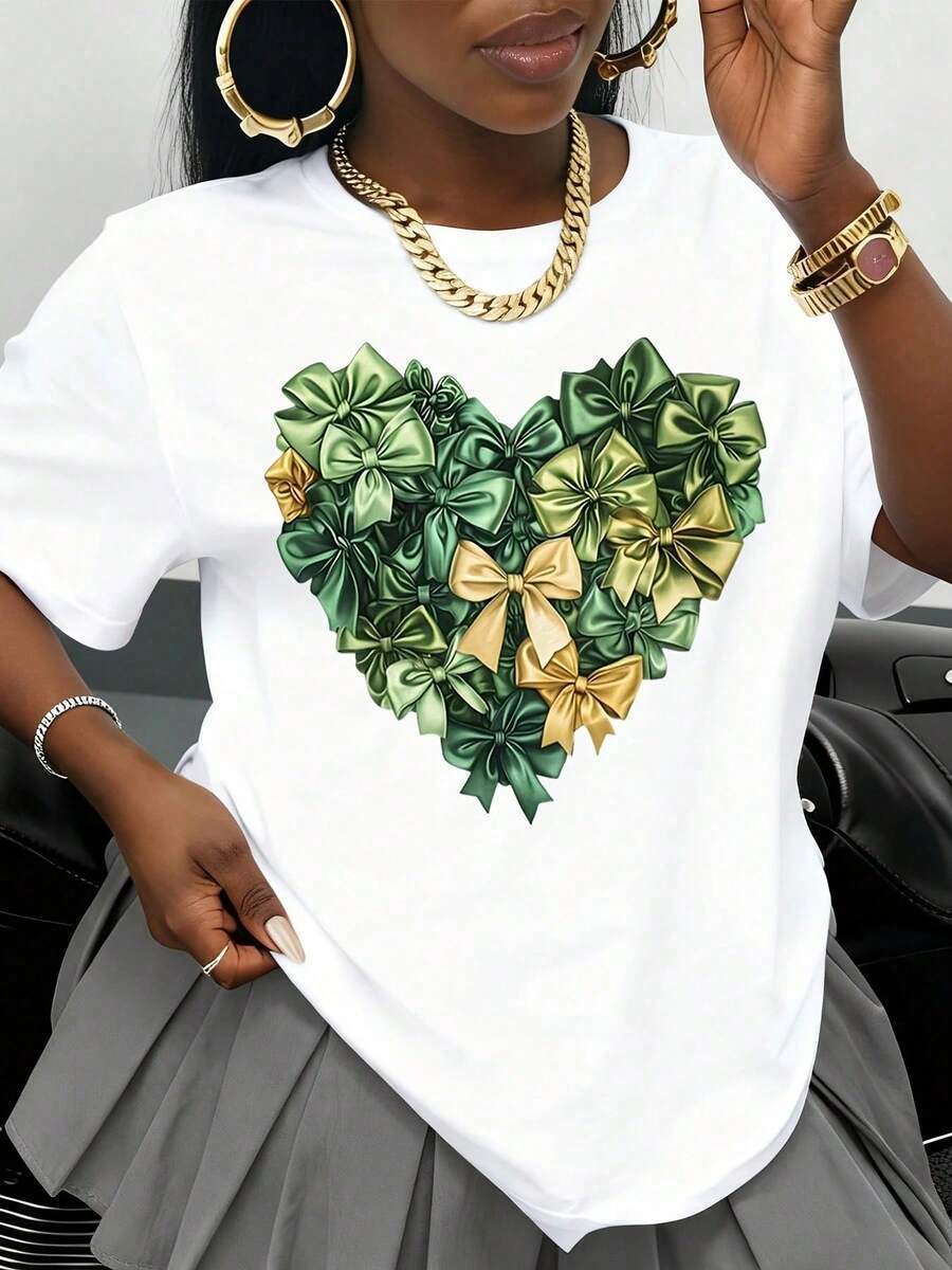 Camiseta Negra con Diseño de Corazón con Lazo Verde y Dorado para Mujer, Top Casual de Moda, Regalo para el Día de San Valentín, Prenda Artística - Blanco - Ver 1