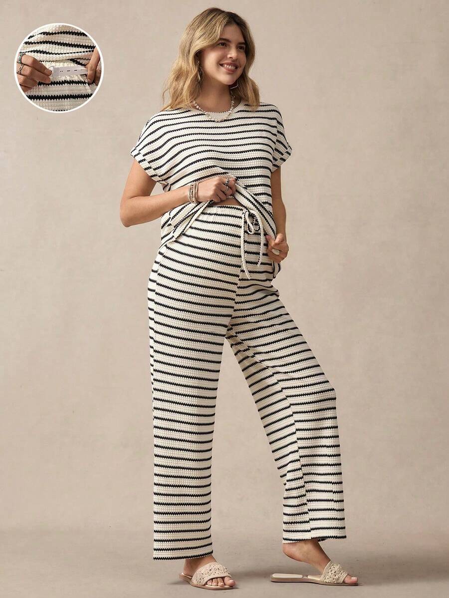 Boho Mama Set de 2 piezas Maternidad Top de manga corta a rayas y pantalones, prendas casuales de uso diario sencillas y - Blanco y Negro - Ver 1
