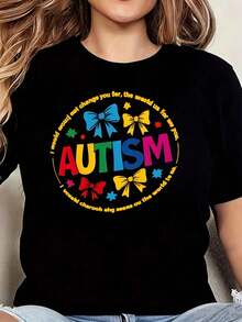 Camiseta gráfica de concientización sobre el autismo para mujer, diseño colorido de piezas de rompecabezas y lazo con cita inspiradora, 1 pieza. Camiseta de talla grande para mujer, de corte - Negro - Ver 1