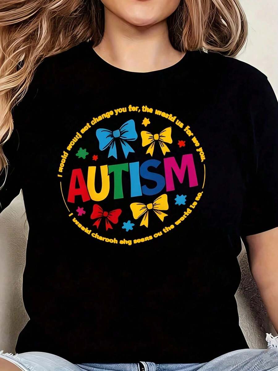 Camiseta gráfica de concientización sobre el autismo para mujer, diseño colorido de piezas de rompecabezas y lazo con cita inspiradora, 1 pieza. Camiseta de talla grande para mujer, de corte - Negro - Ver 1