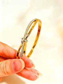 1pc Fashionable Elegant Rhinestone Stainless Steel Cross Bow Open Cuff Bracelet For Women Daily Wear, Rhinestone Position Randomly Shipped - Yellow Gold - View 6