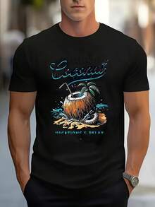 Camiseta Casual de Hombre con Estampado Tropical - Manga Corta, Cuello Redondo, Diseño de Playa y Cocotero, Tejido Transpirable para Actividades al Aire Libre y Vacaciones en la Playa - Negro - Ver 1