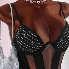 yonghongmaoyi1  Mono ajustado sin mangas con recortes y adornos de strass, negro, sexy de verano para mujer, para club nocturno, festival, playa, cumpleaños y uso casual - Negro01 - Ver 7
