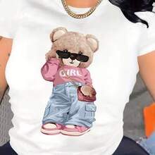 Camiseta Casual de Cuello Redondo para Mujer con Estampado de Oso de Dibujos Animados a la Moda, Tejido de Punto 100% Poliéster, Corte Regular, Camiseta de Primavera/Verano - negro - Ver 2