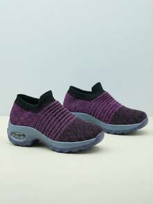 Women's Two-Tone Knit Slip-On Athletic Shoes With Air Cushion Thick Sole Walking Shoes - Ylf1839 Purple - View 6