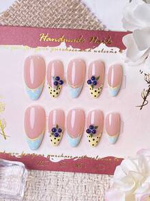 10 Stück handgefertigte mandelförmige Nagelaufkleber, Blau & Gelb Kontrast, französische Spitzenkante, Polka Dot, handgemalte Blaubeere, lebhaft sonnig, exquisite Sommer-Maniküre, schnell entfernbar, Press-On Kunstnägel - Verschiedenfarbig - Übersicht 1