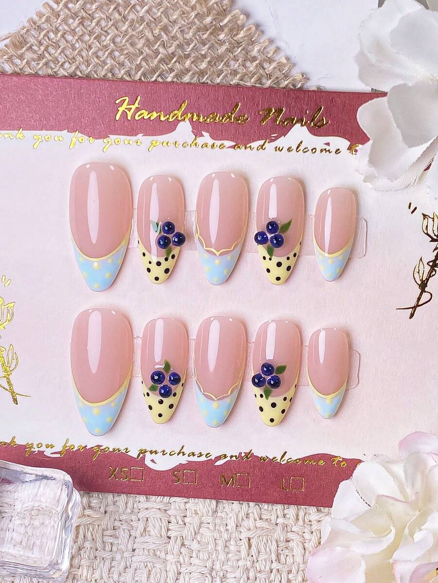 10 Stück handgefertigte mandelförmige Nagelaufkleber, Blau & Gelb Kontrast, französische Spitzenkante, Polka Dot, handgemalte Blaubeere, lebhaft sonnig, exquisite Sommer-Maniküre, schnell entfernbar, Press-On Kunstnägel - Verschiedenfarbig - Übersicht 1