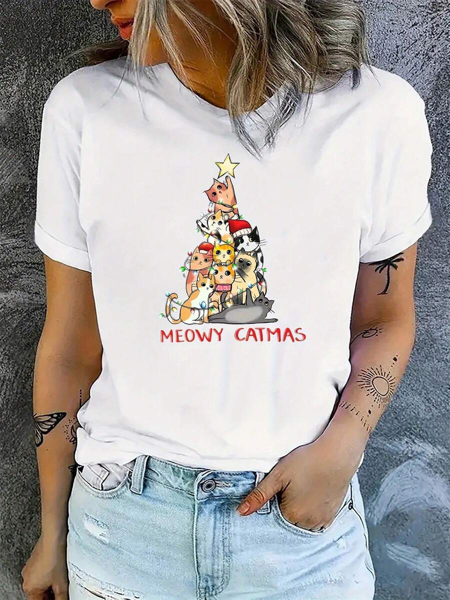 Camiseta Deportiva de Manga Corta con Cuello Redondo y Estampado de Gato Navideño de Dibujos Animados para Mujer - Blanco - Ver 1