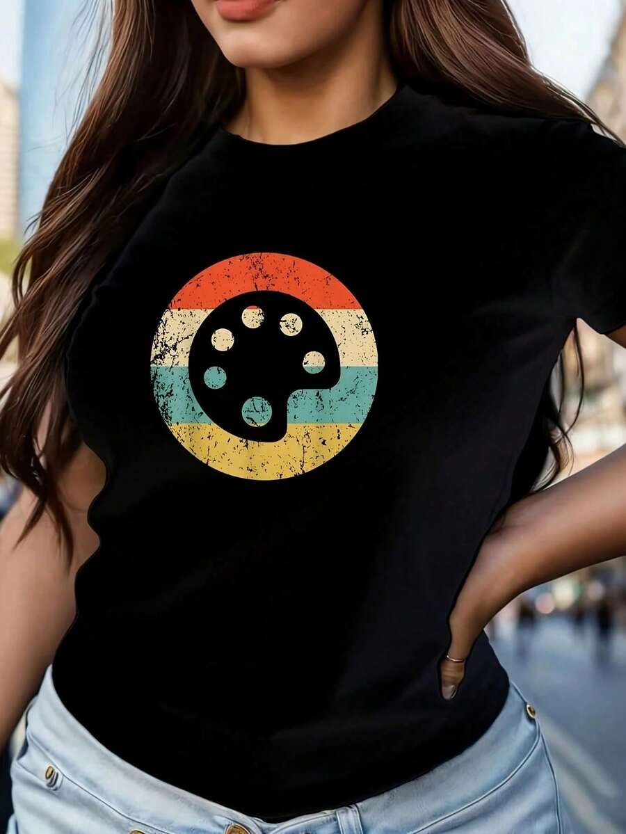 Camiseta de manga corta para mujer, talla grande, con diseño retro de paleta de pintura para artistas y profesores de arte, cuello redondo, estilo novedoso, informal, divertida, con estampad - Negro - Ver 1