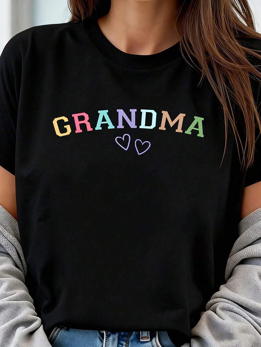 Grandma Cute Grandma 1 Pieza Camiseta de Mujer Talla Grande, Oversize, con Estampado Gráfico, Manga Corta, 220g, Novedosa, 100% Poliéster, Camiseta Casual de Cuello Redondo - Negro - Ver 1
