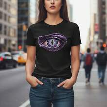 1 pieza Camisetas de moda, Lindo corto cuello redondo transpirable Tops para mujer, Gráfico  2026 Camisetas de mujer para, fruncido - Negro - Ver 1