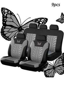 Juego completo de 9 piezas de fundas para asientos de coche, juego de fundas para asientos de coche universal con patrón de mariposa bordado en gris - Gris - Ver 1