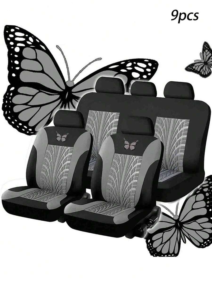 Juego completo de 9 piezas de fundas para asientos de coche, juego de fundas para asientos de coche universal con patrón de mariposa bordado en gris - Gris - Ver 1