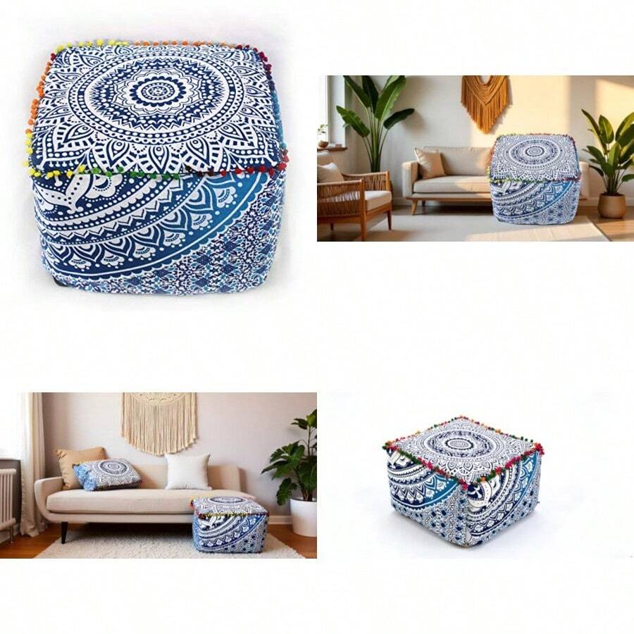 CRAFT KALA Square Mandala Handblock Print Cotton Ottoman Poufs Unstuffed-Square Floor Cushion Footrest Cover for Living Room Bedroom Size: 18 X 18 X 18 Inches - como en la imagen - Ver 1