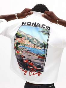 Vintage Graphic T-Shirt Of Monaco Racing Club, Short Sleeve And Round Neck, Summer Travel And Holiday Print, Loose Fit, Urban Casual Clothing - 白色 - 查看 1