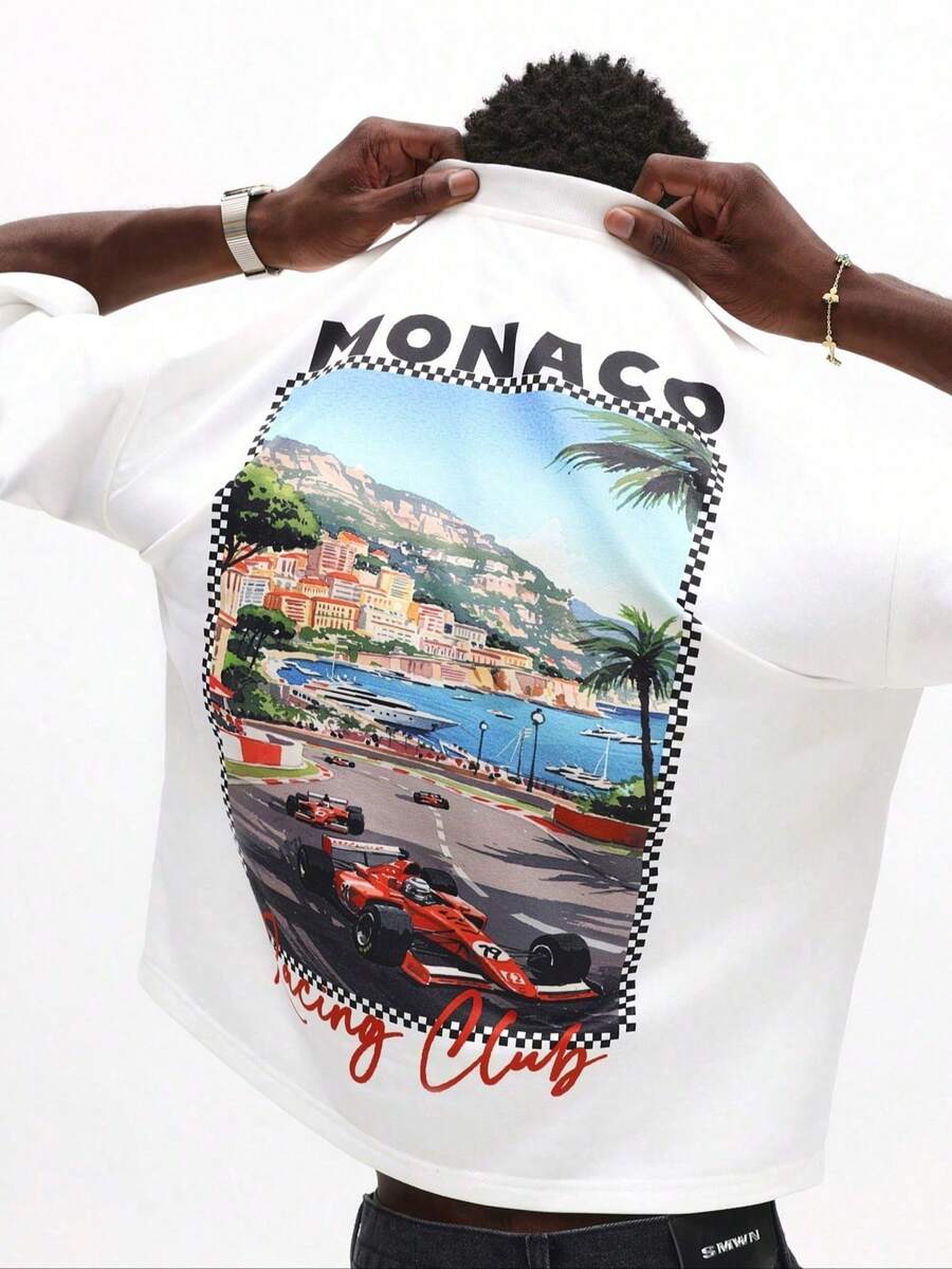 Vintage Graphic T-Shirt Of Monaco Racing Club, Short Sleeve And Round Neck, Summer Travel And Holiday Print, Loose Fit, Urban Casual Clothing - 白色 - 查看 1